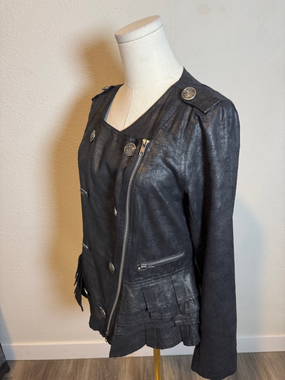 Tibi K Metallic Faux Leather Peplum Military Jacket Runs Small size Large - Picture 3 of 14